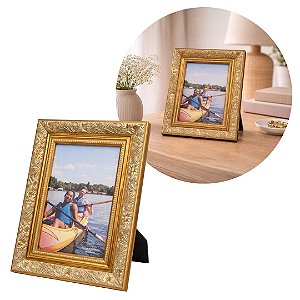Porta Retrato 10x15 Moldura Madeira Premium Dourado Com Vidro Vertical e Horizontal