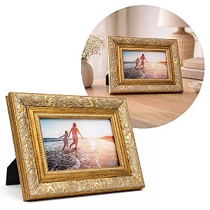Porta Retrato Moldura Madeira Premium Dourado Decor Fotos 10x15 Vertical e Horizontal