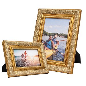 Kit Porta Retrato 15x21 e 10x15 Moldura Madeira Premium Dourado Com Vidro Vertical e Horizontal