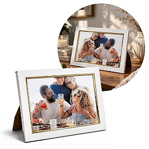 Porta Retrato 15x21 Madeira Branco e Dourado Luxo Decor Com Vidro Vertical Horizontal