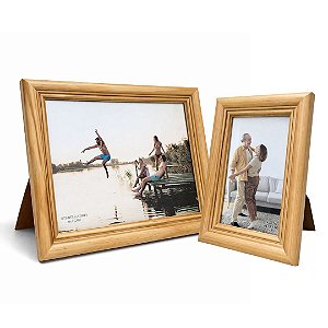 Jogo Porta Retrato 10x15 e 20x25 Madeira Clara Fosca Tradicional Frisado Com Vidro Vertical Horizontal