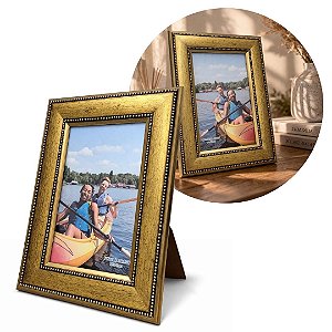 Porta Retrato 15x21 Madeira Dourado Luxo Moldura Larga 4,5cm com Vidro Multi Posição
