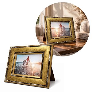Porta Retrato 10x15 Madeira Dourado Luxo Moldura Larga 4,5cm com Vidro Multi Posição