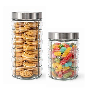 Kit 2 Potes Porta Mantimento Vidro Point Decor Tampa Inox 1200ml e 1600ml