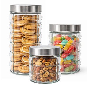 Conjunto 3 Potes em Vidro com Tampa Rosca Aço Inox Porta Mantimentos Design Decor