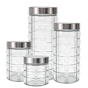 Conjunto 4 Potes Vidro com Tampa Rosca Aço Inox Porta Mantimentos Design Decor