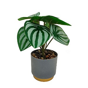Arranjo Decorativo Artificial Folhagens com Vaso Cinza e Dourado 16cm Realista