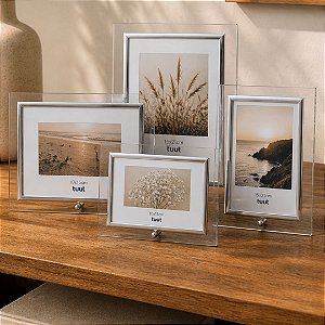 Kit Porta Retrato Vidro Borda Prateada Premium 4 Peças 10x15 e 15x20 Horizontal e Vertical Moldura Luxo