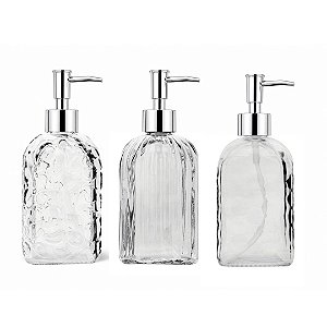 Kit 3 Porta Sabonete Líquido Vidro 500ml com Bico Dosador Cromado Texturas Bolhas, Diamante e Linhas