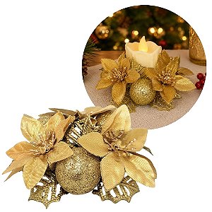 Porta Velas Castiçal Natalino Bico de Papagaio Dourado Decorado 10cm - Magizi
