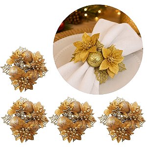 Kit 4 Porta Guardanapo Natalino Bico de Papagaio Decorado Dourado Luxo 10cm - Magizi
