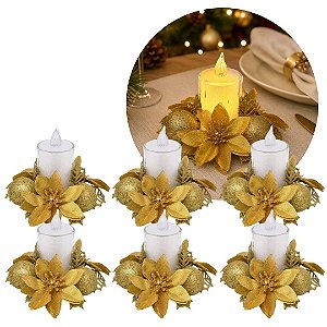 Kit 6 Castiçal Natalino Bico de Papagaio Dourado Decorado 10cm com Vela Eletrônica LED