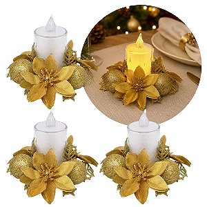 Kit 3 Castiçal Natalino Bico de Papagaio Dourado Decorado 10cm com Vela Eletrônica LED