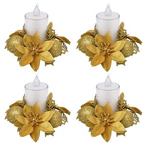 Kit 4 Castiçal Natalino Bico de Papagaio Dourado Decorado 10cm com Vela LED - Magizi