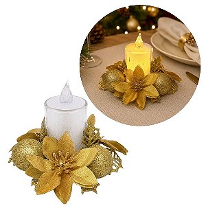 Porta Velas Castiçal Natalino Bico de Papagaio Dourado Decorado 10cm com Vela LED - Magizi