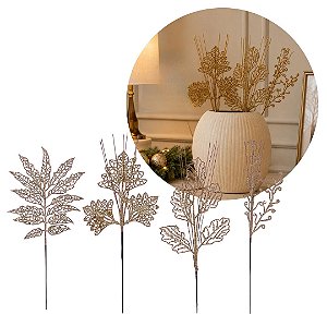 Conjunto 4 Galhos Natalinos Folhagem Decorativa Glitter Ocre 30cm - Magizi
