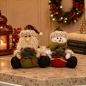 Jogo Papai Noel e Boneco de Neve Sentado Scoth Saco de Presentes Decorado 20cm - Magizi