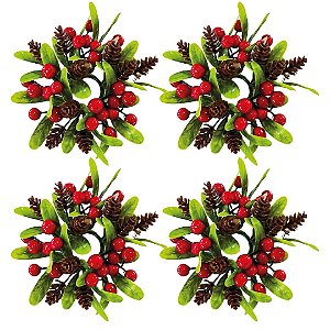 Kit 4 Porta Guardanapos Decorado Natalino Argola com Folhagens Pinhas e Berries Mesa Posta Natal 10cm Decorativo