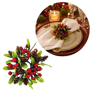 Porta Guardanapo Decorado Natalino Argola com Folhagens Pinhas e Berries Mesa Posta Natal 10cm Decorativo