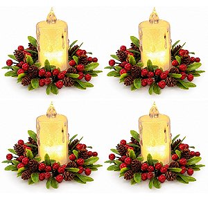 Jogo 4 Porta Velas Decorado Castiçal Natalino com Folhagens Pinhas Berries e Vela LED Branco Quente Mesa Posta Natal 10c