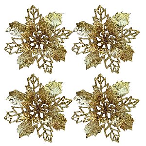 Jogo 4 Flores Bico de Papagaio Dourado Natal Pick Glitter 9cm com Presilha - Magizi