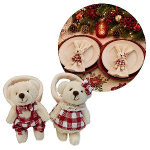 Kit Porta Guardanapo Decorativo Natalino Casal Ursinhos Pelúcia Creme com Roupa Xadrez Mesa Posta