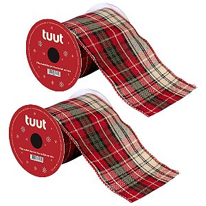 Kit 2 Fitas Aramadas Decorativa Natalina Xadrez Premium Tecido 10cm x 9 metros para Laços Árvores e Guirlandas
