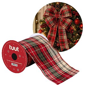 Fita Aramada Decorativa Natalina Xadrez Premium Tecido 10cm x 9 metros para Laços Árvores e Guirlandas