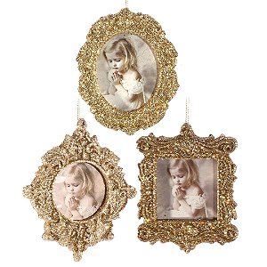 Kit Porta Retrato Gliter Dourado Para Árvore Natal 10cm 3 Peças - Magizi