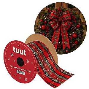 Fita Aramada Decorativa Natalina Xadrez Tecido 6cm x 9,14m para Laços Árvores de Natal