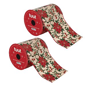 Kit 2 Fitas Aramadas Decorativa Natal Bico de Papagaio Premium 10cm x 9,14m para Laços Árvores e Guirlandas