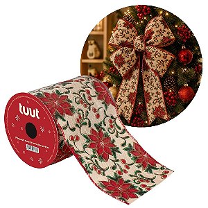 Fita Aramada Decorativa Natalina Bico de Papagaio Premium 10cm x 9,14m para Laços Árvores e Guirlandas