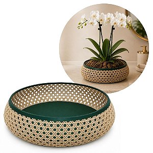 Vaso Baixo Cachepot Redondo Rústico Design Palhinha Treliça Rattan Sintético Prime 23cm - Mundial Casa