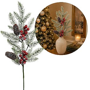 Galho Folhagens Pinheiro Natalino com Pinhas e Berries Nevado 68cm Decorativo