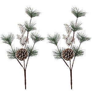 Kit 2 Galhos Natal Folhagens com Pinha e Berries Branco Nevado 46cm Decorativo - Magizi