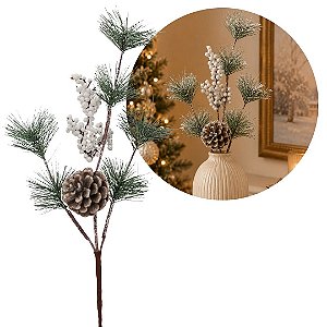 Galho Natalino Folhagens com Pinha e Berries Branco Nevado 46cm Decorativo - Magizi