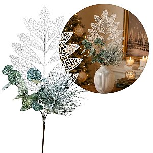 Galho Natalino Multi Folhagens Verde e Off White Nevado 50cm Decorativo - Magizi