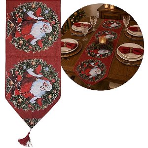 Caminho de Mesa Natalino Tecido Vinho Gobelin Luxo Guirlanda Papai Noel 180x33cm - Magizi