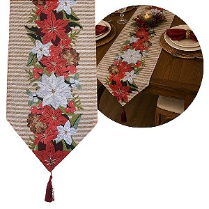 Caminho de Mesa Natalino Tecido Bege Listras Gobelin Luxo Bico de Papagaio 180x33cm - Magizi