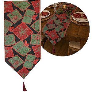 Caminho de Mesa Natalino Gobelin Luxo Estampa Presentes 180x33cm - Magizi