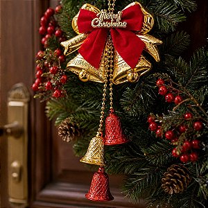 Sino Duplo Pingente Decorativo Natal Laço Merry Christmas Vermelho e Dourado 20cm