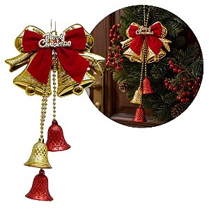 Sino Duplo Decorativo Pingente Natalino Merry Christmas Vermelho e Dourado 20cm