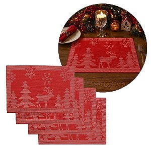 Jogo Americano Natalino PVC Vermelho Luxo 4 Peças Pinheiros e Rena 30x45cm - Magizi