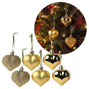 Kit Enfeites Natalinos para Árvore 6 Corações Decorativos Glitter Fosco e Brilho 4,5cm