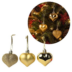 Kit Enfeites Natalinos para Árvore 3 Corações Decorativos Glitter Fosco e Brilho 4,5cm