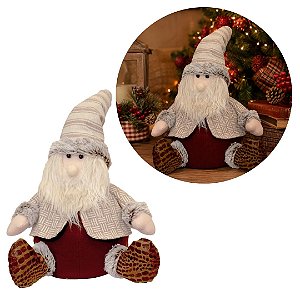 Papai Noel Decorativo Sentado Alpino Pelúcia Bege e Vinho Bordô Luxo 35cm - Magizi