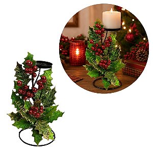 Castiçal Natalino Decorado Azevinhos Berries e Folhagens Luxo Base Aramada 25cm - Magizi