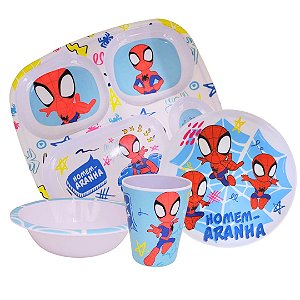 Conjunto Refeição Infantil Homem-Aranha Melamina 4 Peças Copo, Prato Divisória, Prato Raso e Tigela - Tuut