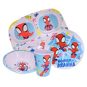 Kit Refeição Infantil Homem-Aranha Melamina 4 Peças Oficial Copo, Pratos e Bowl - Tuut
