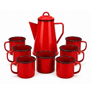 Jogo Bule Leiteira Esmaltada Vermelha 1,2 Litros e 6 Canecas 350ml - Yazi